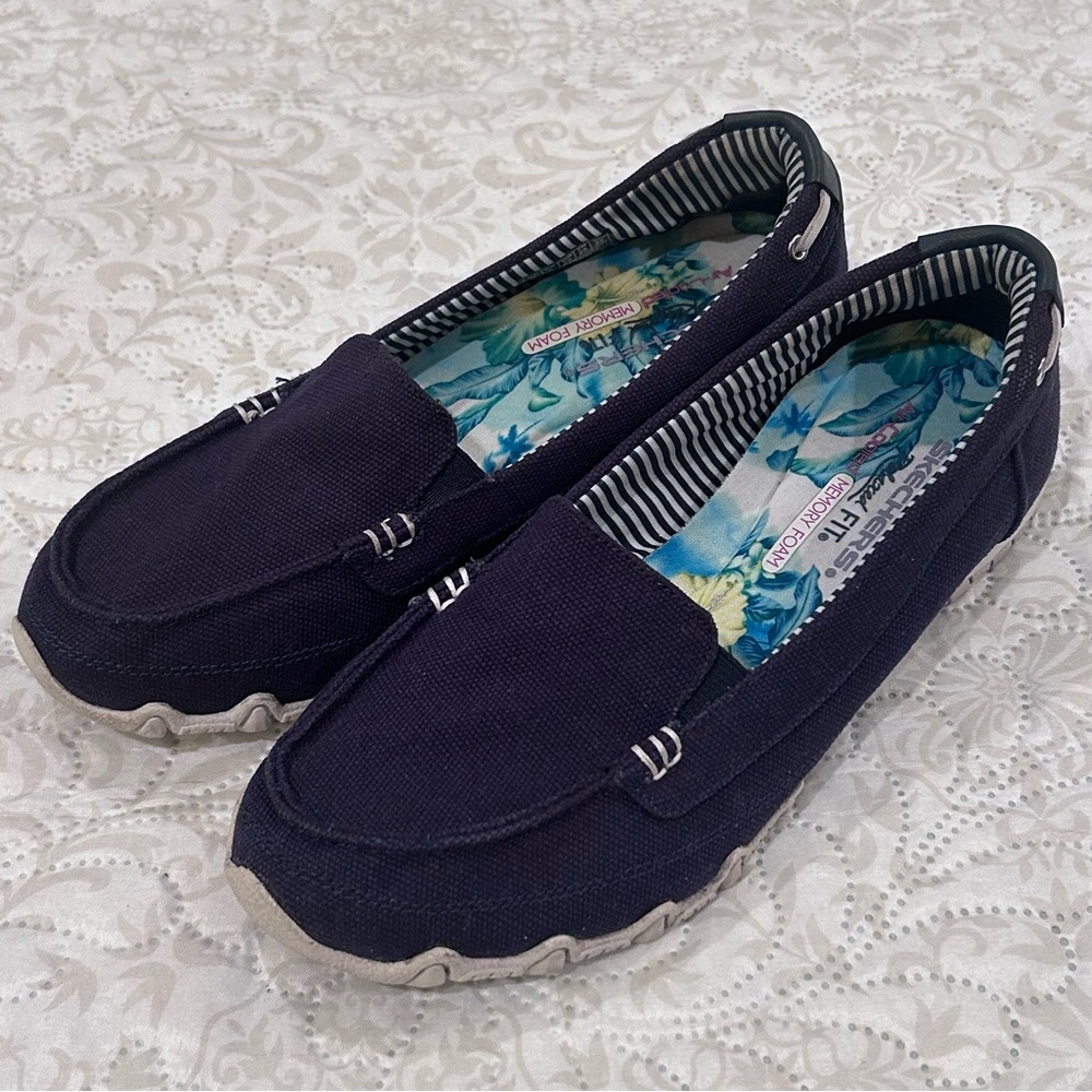Skechers Biker Motoring Women Sz 9 Navy Canvas Memory Foam Comfort Loafer 49258